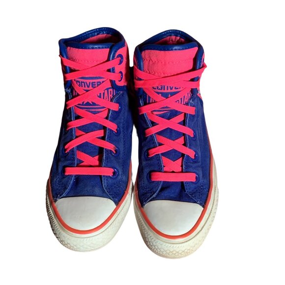 Converse Sneakers Juniors 5 Womens 7 Hot Pink Blue Spell Out High Top Shoes RARE - Picture 10 of 11
